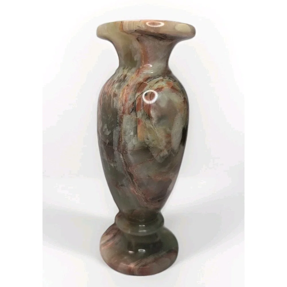 Vintage MCM Heavy Green Peach Onyx Vase Baluster Shape Banded Swirl‎ Markings